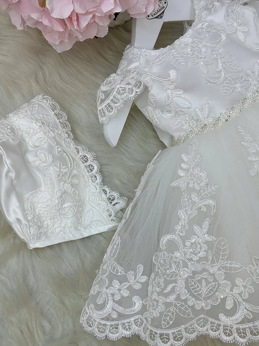 Handmade Baptism Dress Set for Baby Girl with Bonnet, Shoes and Headband