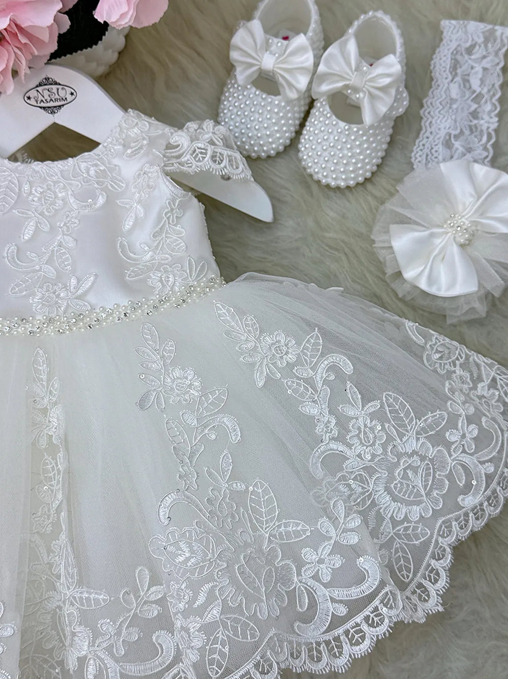 Handmade Baptism Dress Set for Baby Girl with Bonnet, Shoes and Headband