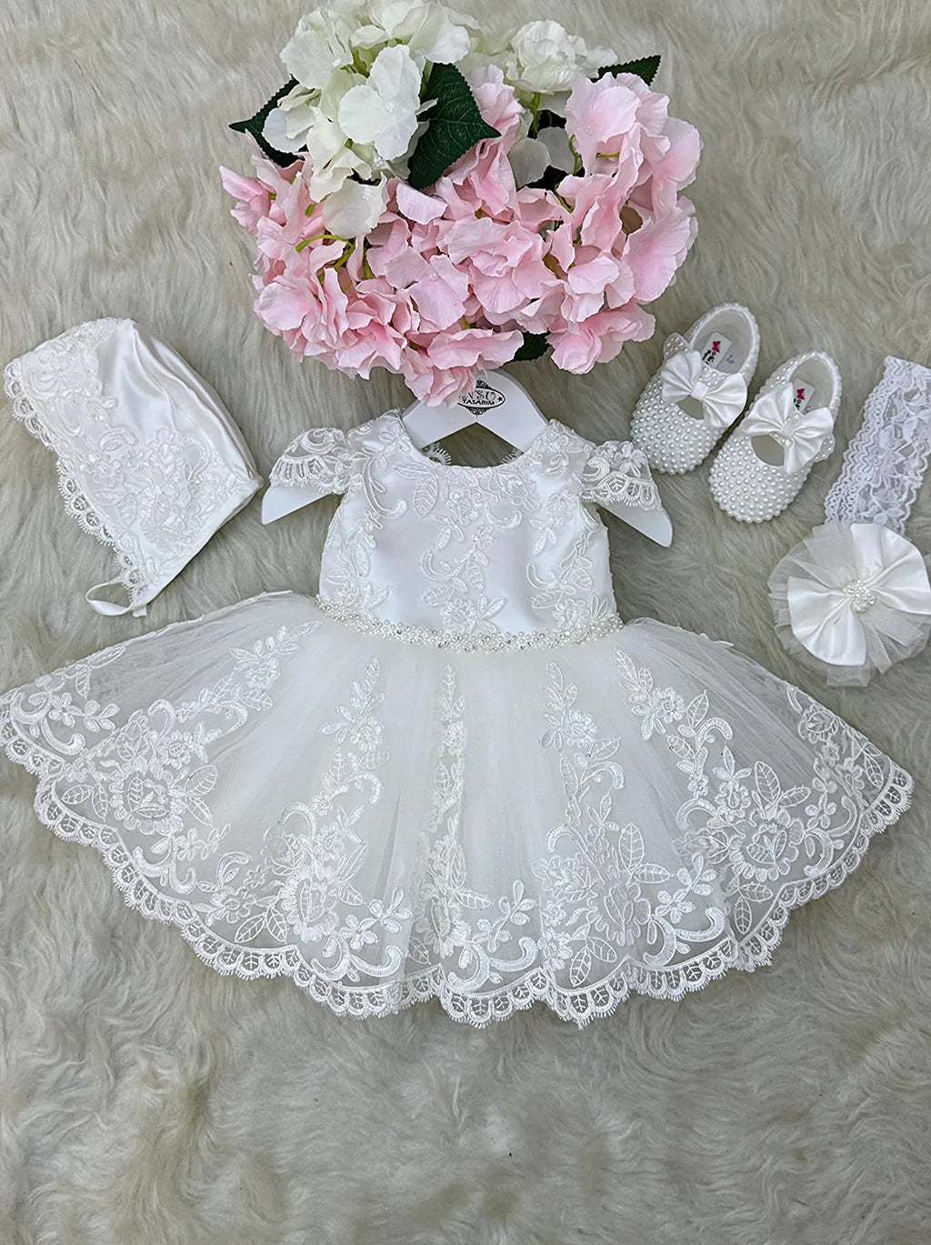 Handmade Baptism Dress Set for Baby Girl with Bonnet, Shoes and Headband
