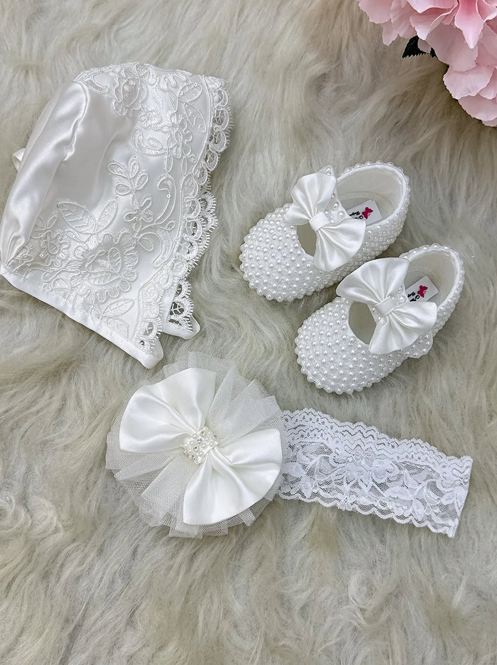 Handmade Baptism Dress Set for Baby Girl with Bonnet, Shoes and Headband
