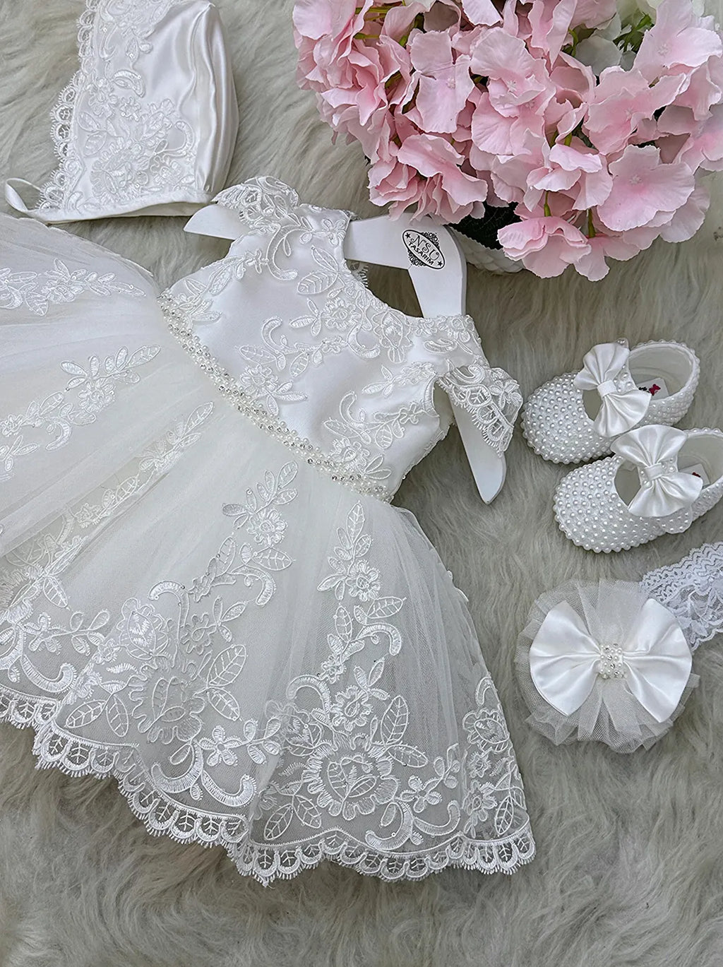 Handmade Baptism Dress Set for Baby Girl with Bonnet, Shoes and Headband