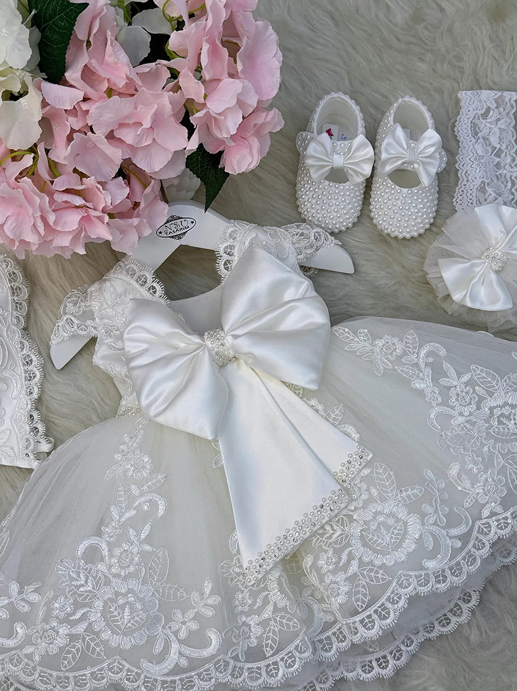 Handmade Baptism Dress Set for Baby Girl with Bonnet, Shoes and Headband