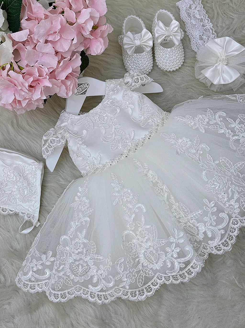 Handmade Baptism Dress Set for Baby Girl with Bonnet, Shoes and Headband