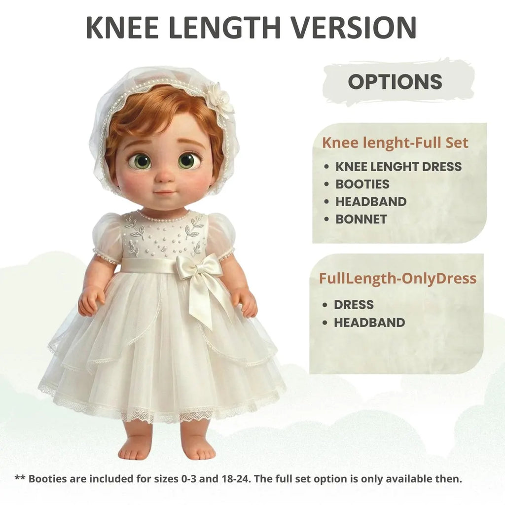 Handmade Baptism Dress Set for Baby Girl with Bonnet, Shoes and Headband