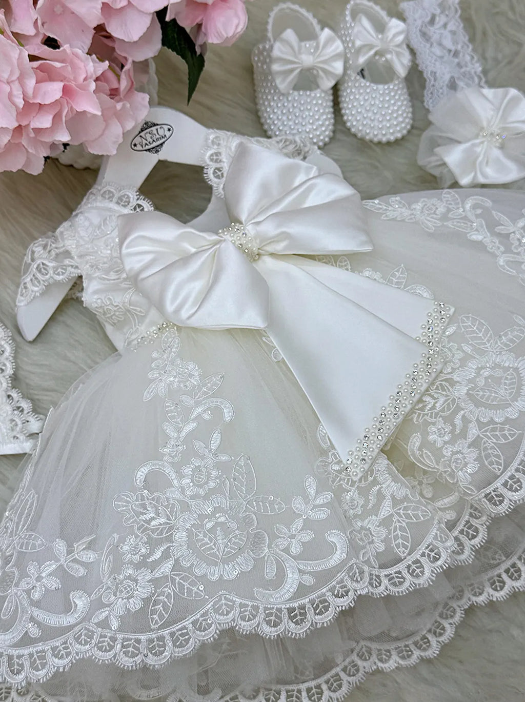 Handmade Baptism Dress Set for Baby Girl with Bonnet, Shoes and Headband