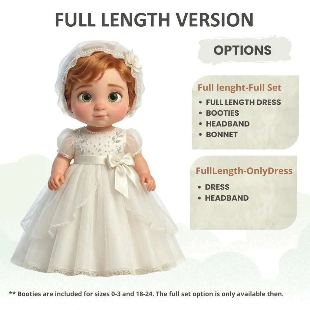 Handmade Baptism Dress Set for Baby Girl with Bonnet, Shoes and Headband