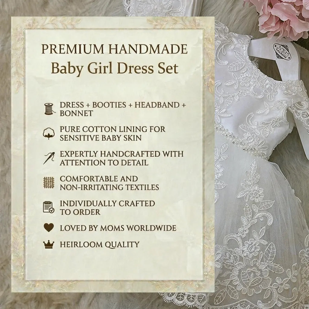 Handmade Baptism Dress Set for Baby Girl with Bonnet, Shoes and Headband