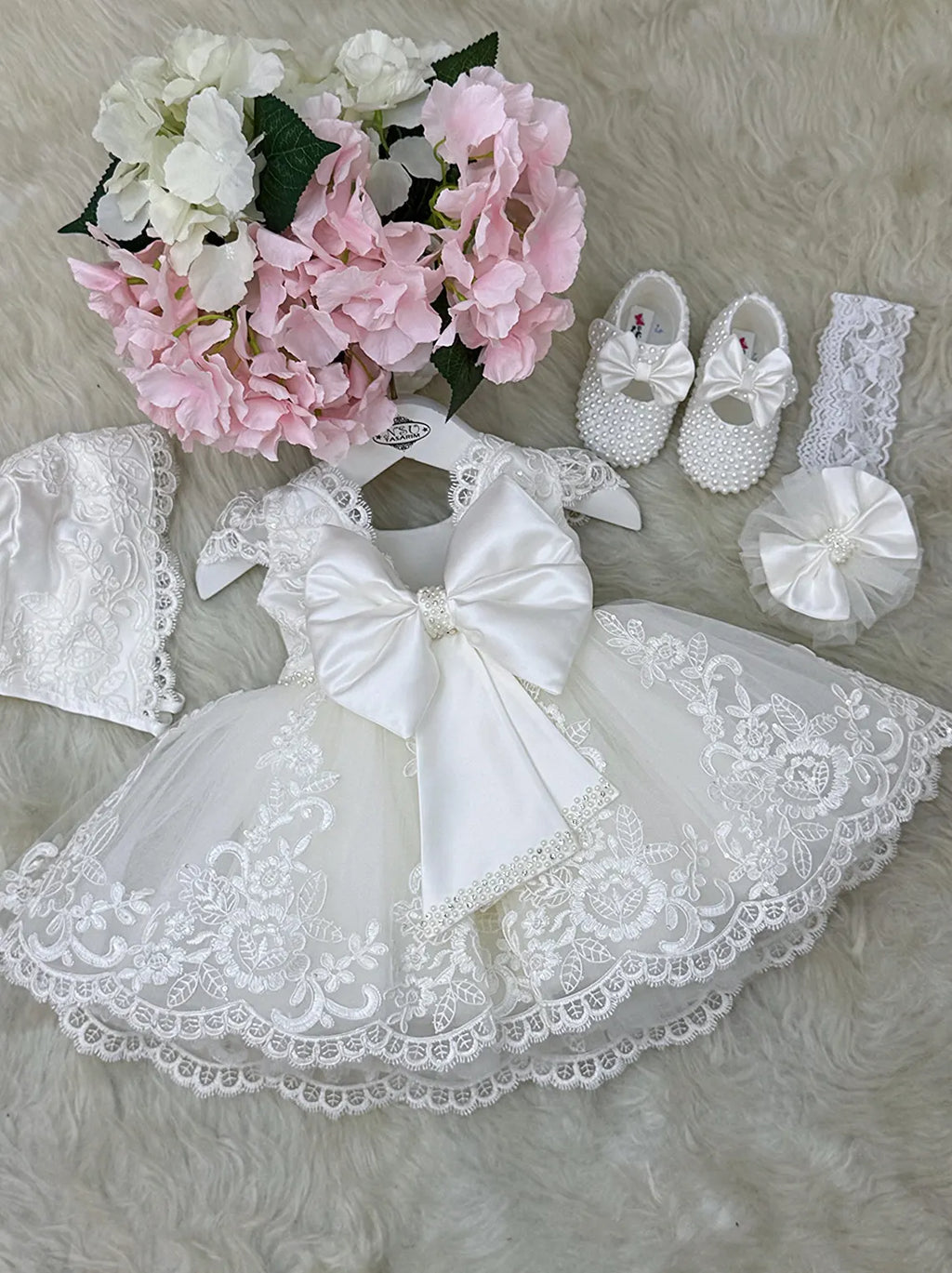 Handmade Baptism Dress Set for Baby Girl with Bonnet, Shoes and Headband