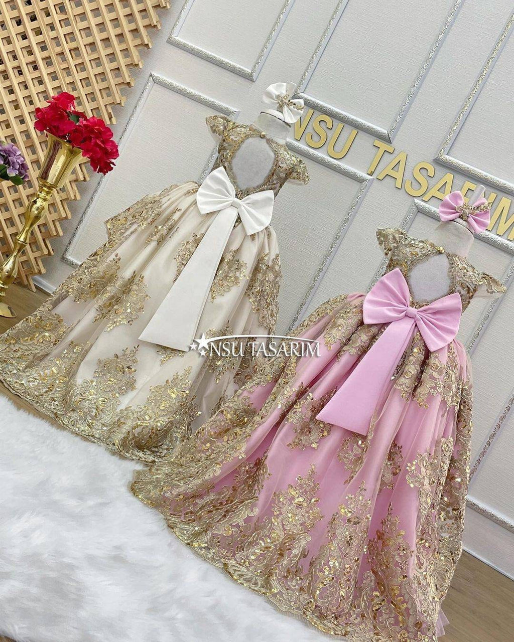 Baby girl dress. White gold. Sparkle gold lace. For special occasion. High low. couture gown.