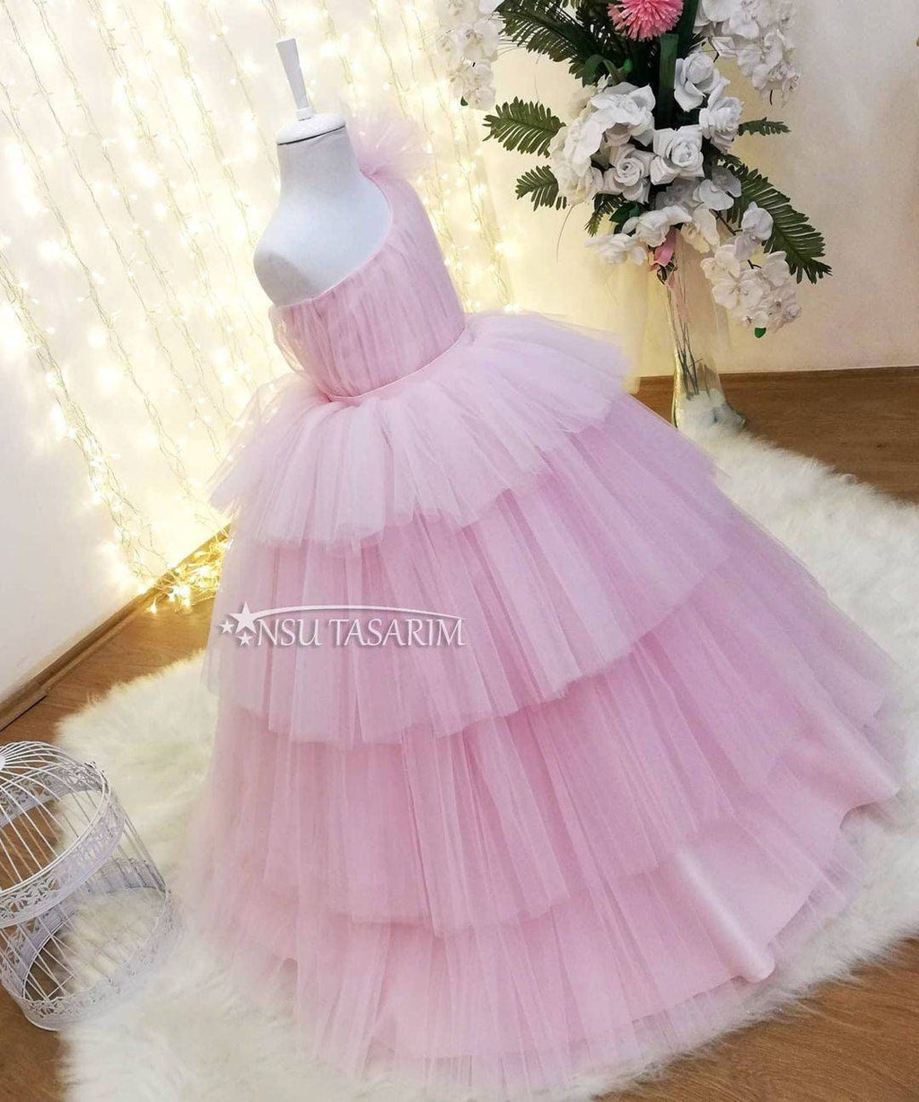Baby girl dress pink for special occasion, long toddler gown