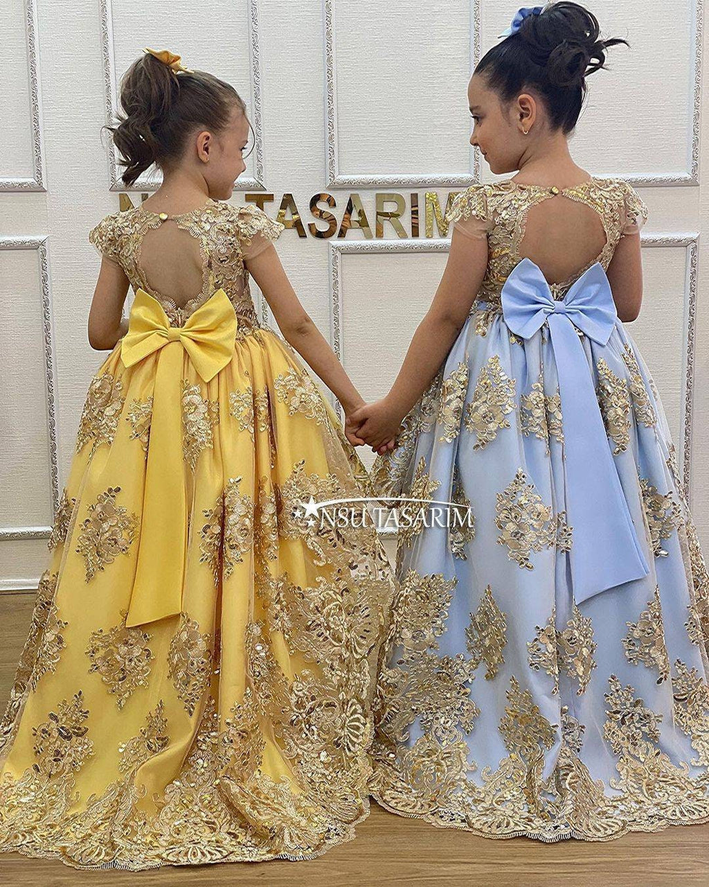 Baby Princess party dress. Belle dress. Yellow and Sparkle gold lace. High low. For special occasion, high low designs.
