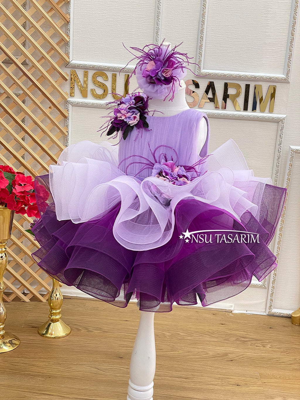 Purple Baby Girl Dress 3d flowers. Birthday tutu dress.