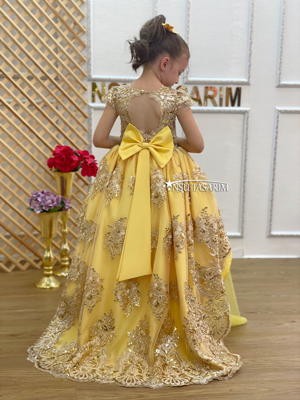 Baby Princess party dress. Belle dress. Yellow and Sparkle gold lace. High low. For special occasion, high low designs.