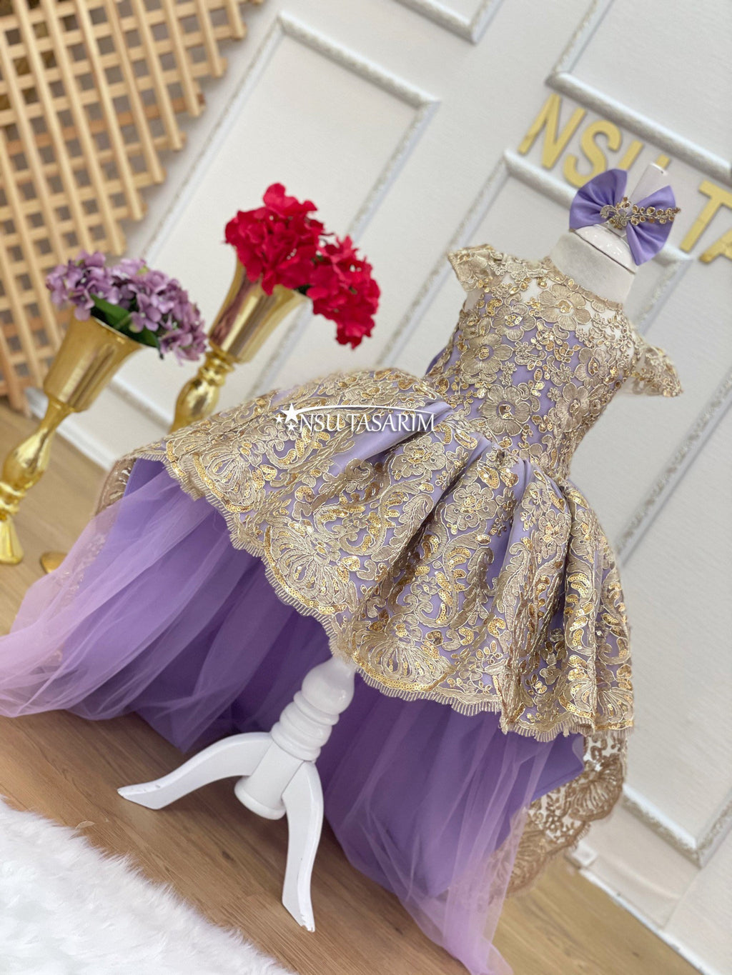Lavender and Sparkle gold lace. For special occasion, high low designs