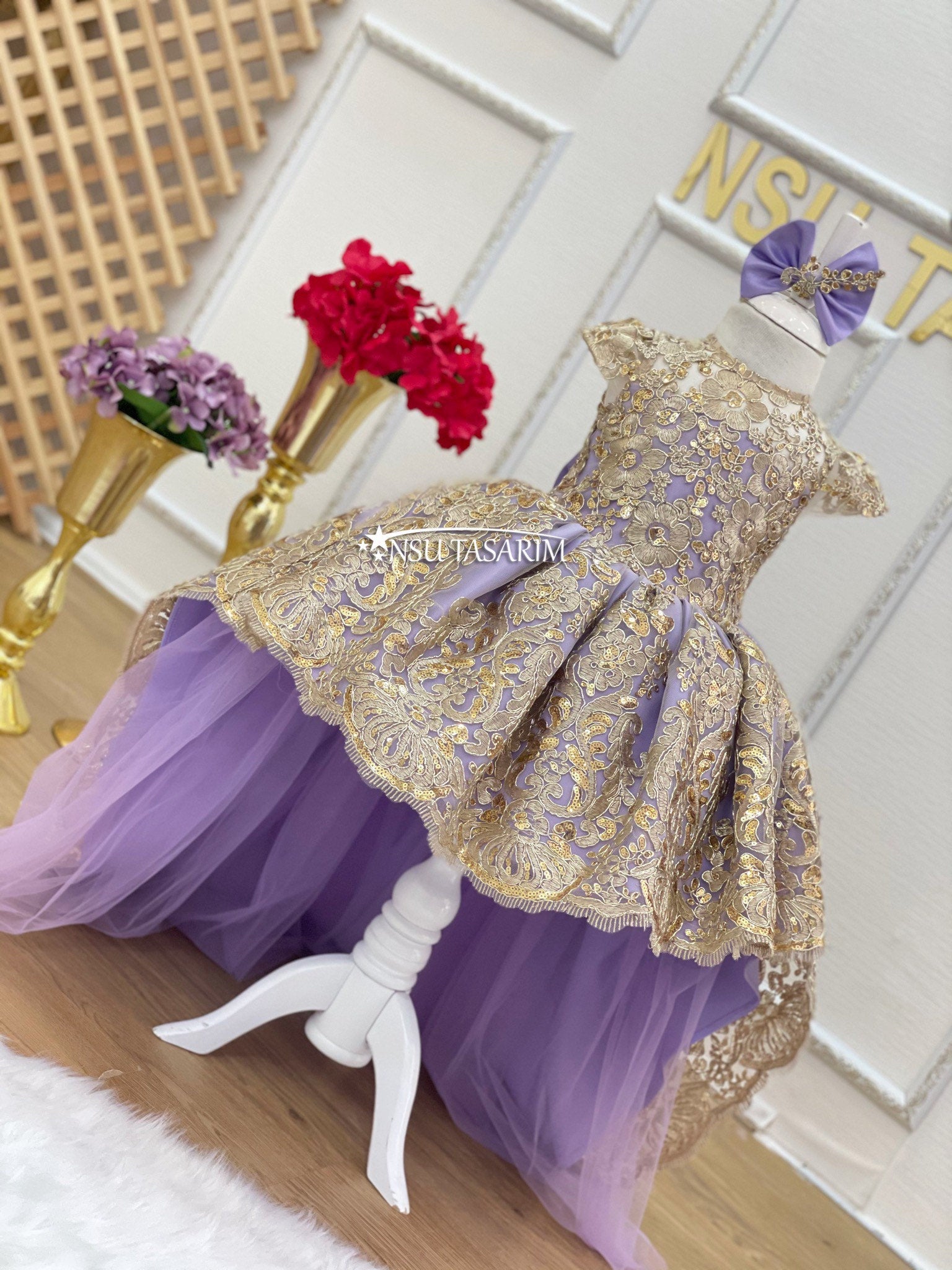 Lavender and Sparkle gold lace. For special occasion, high low designs