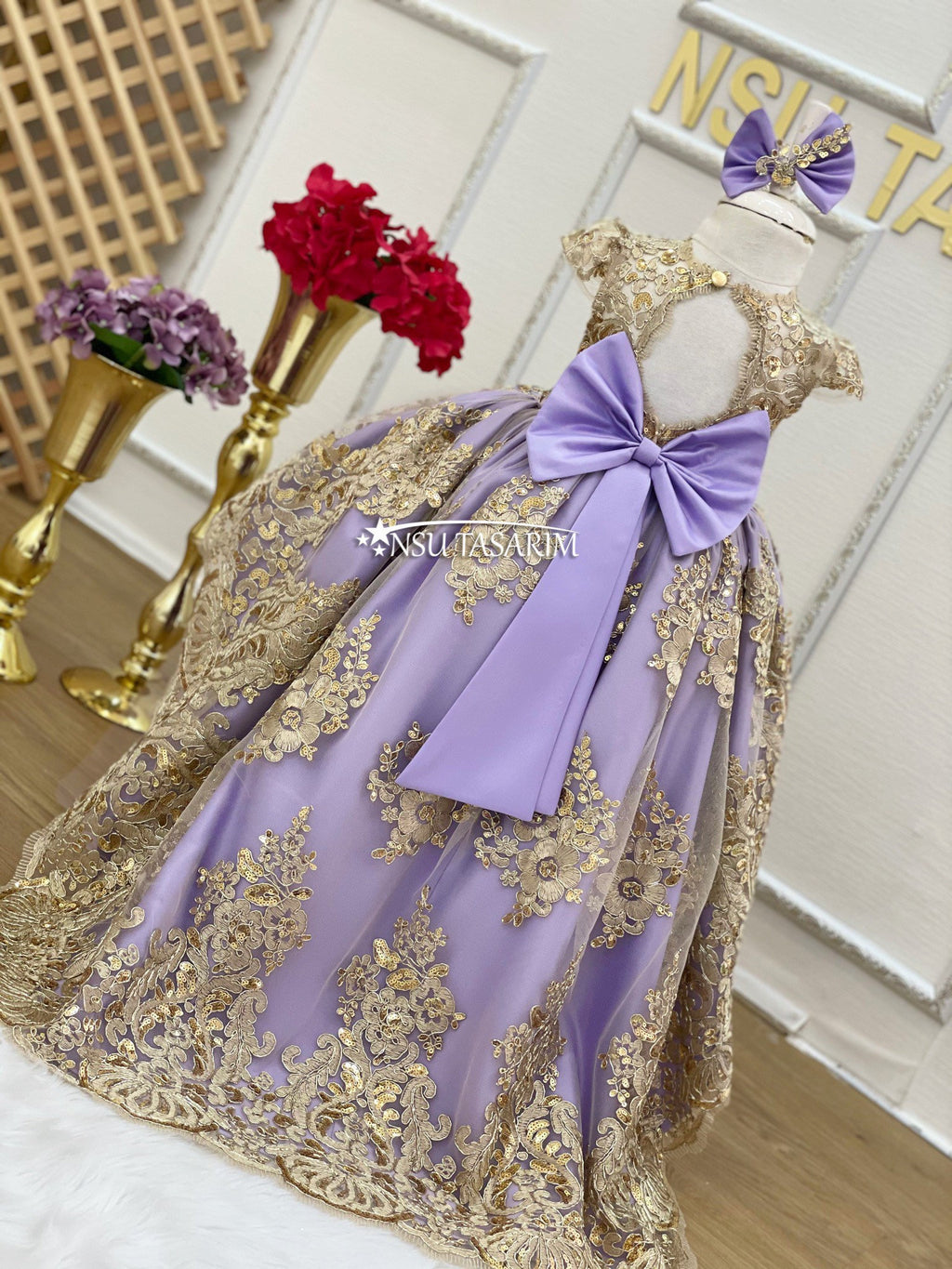 Baby Princess lilac party dress. Lavender and golden dress.