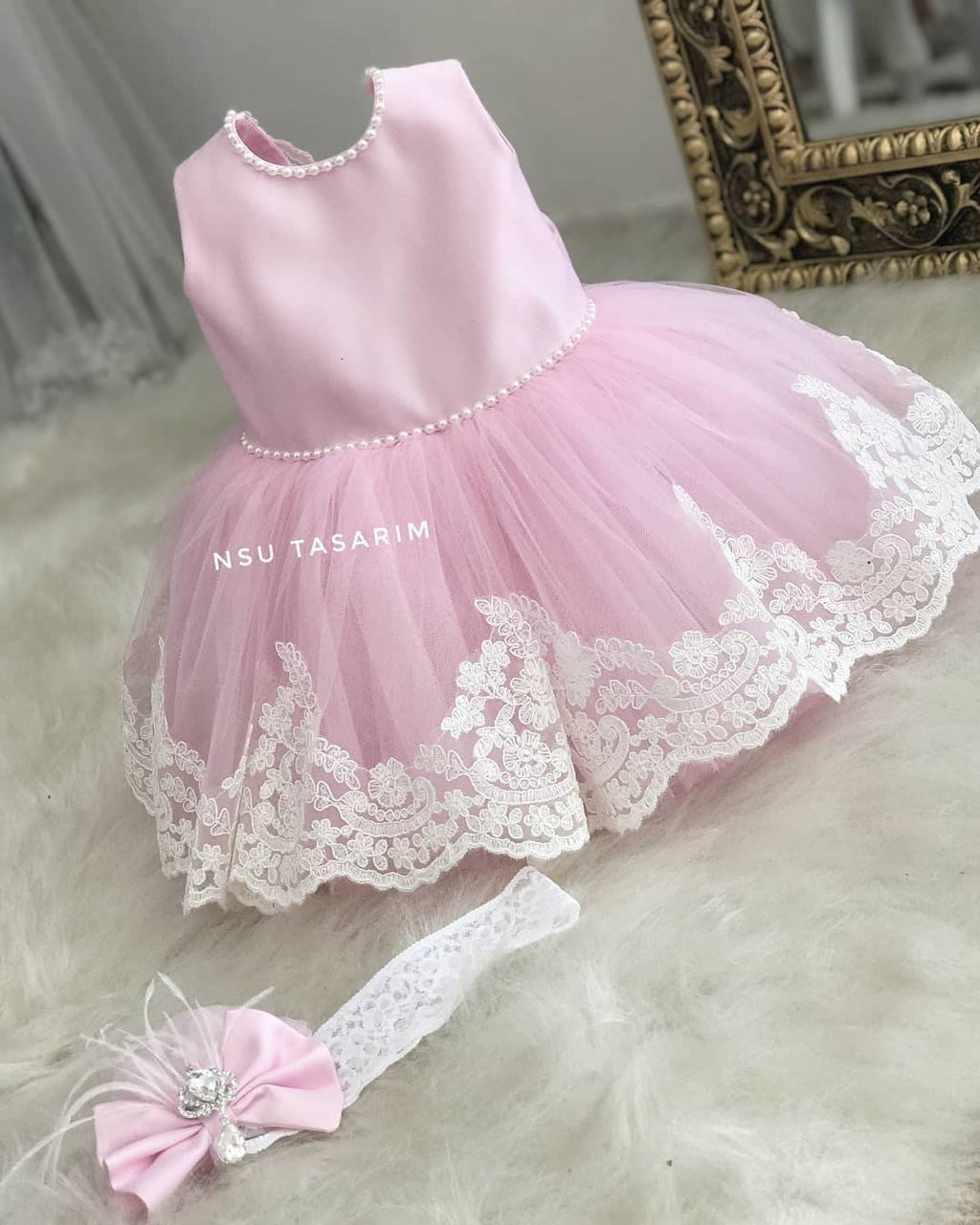 Pink baby girl dress white lace