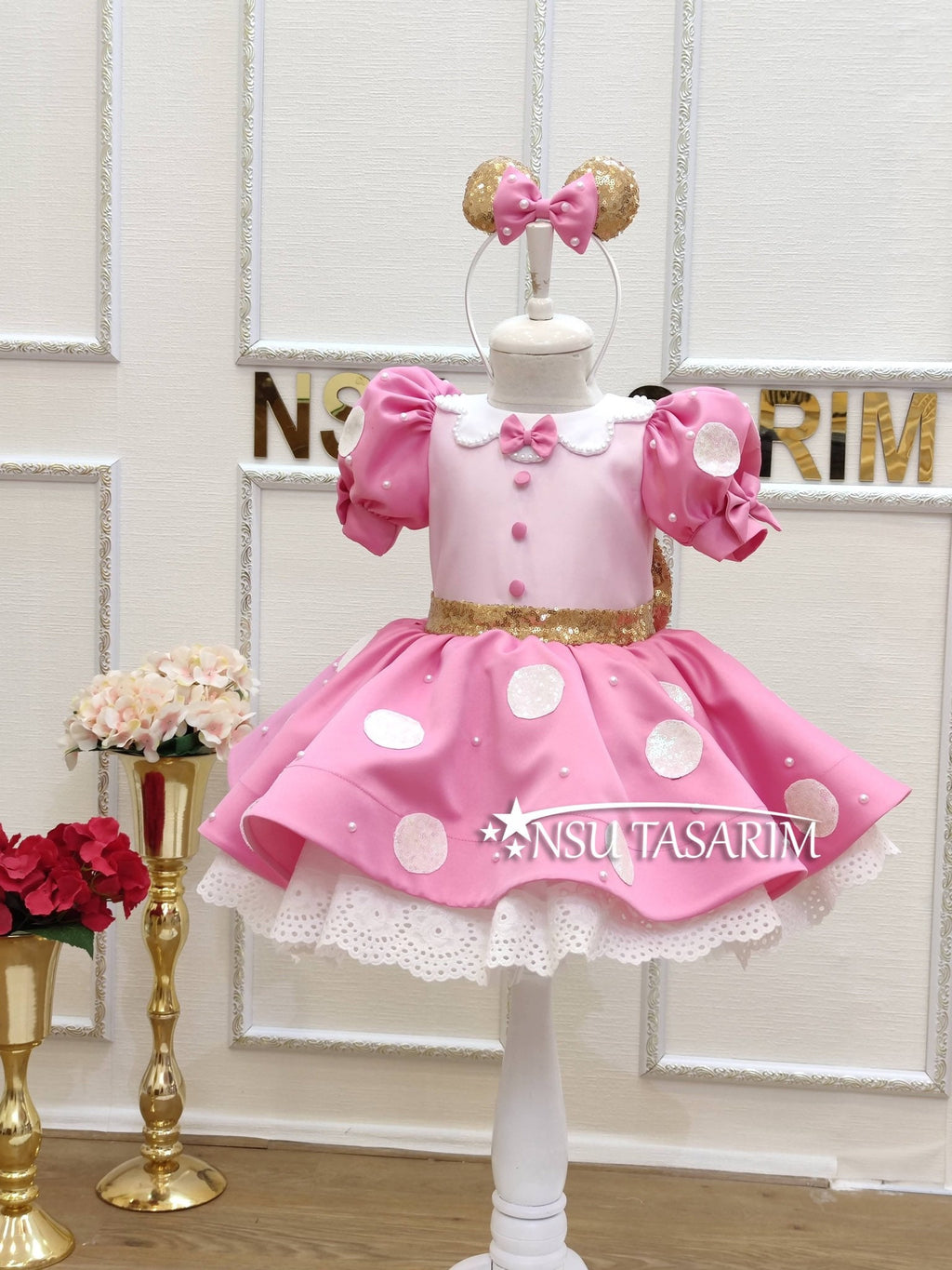 Handmade pink Minnie Mouse theme dress for first birthday