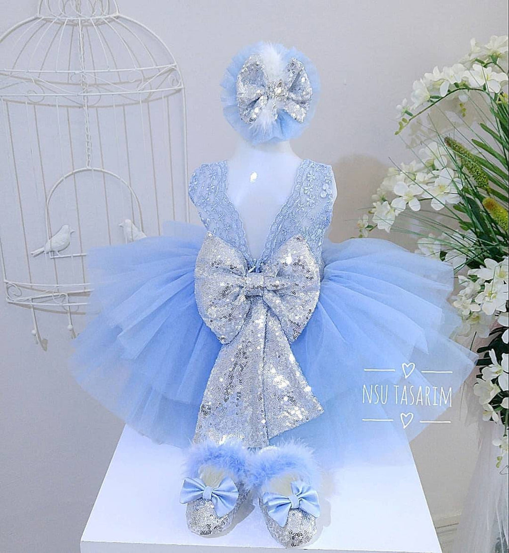 baby girl blue and silver dress. for special occasion . Baby girl brithday dress