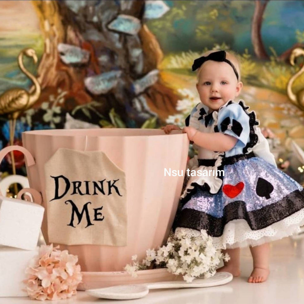 Disney Alice Costume. Baby girl wearing a blue storybook-inspired birthday dress with a frilly white apron and matching black bow headband.