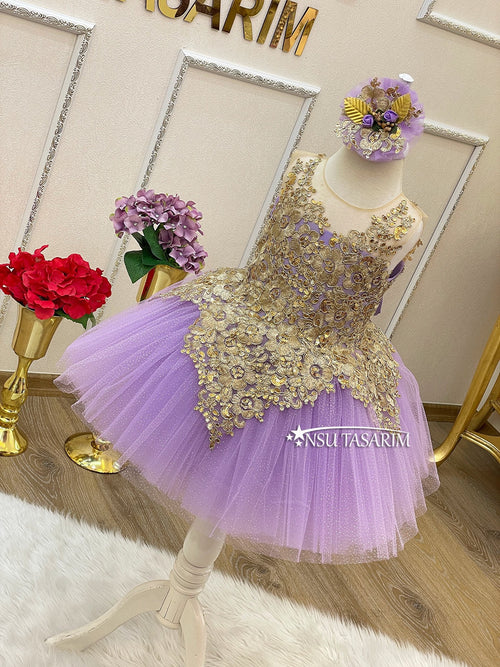 1st birthday dress baby girl. Lavender and gold baby girl dress Party dress. For special occasion. Handmade!