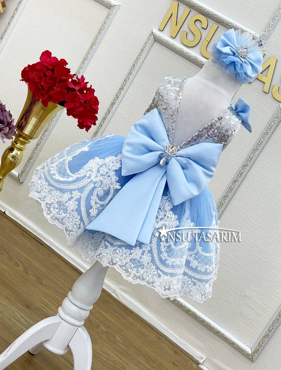 Silver blue baby girl dress. Sparkle silver blue dress.