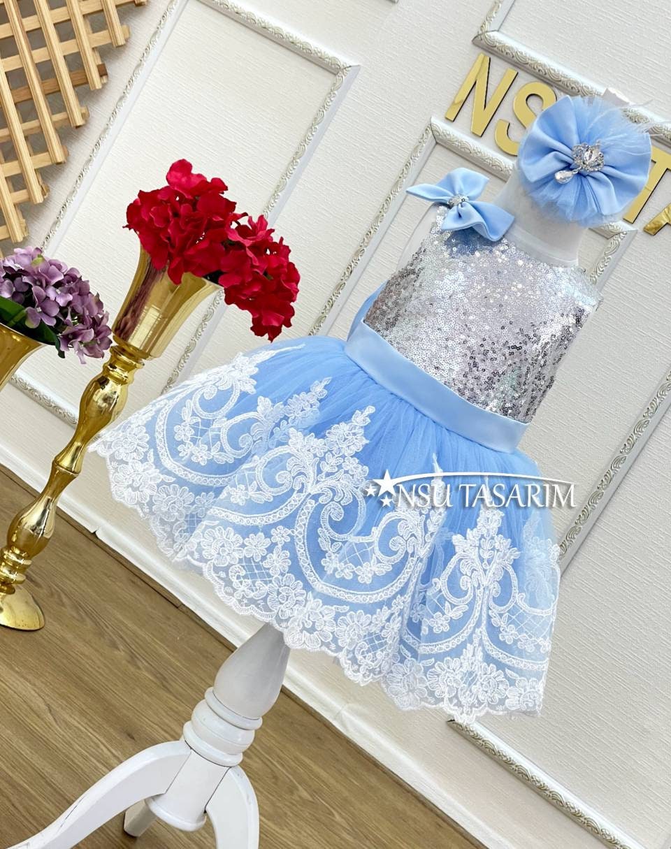 Baby girl dress . 1st Birthday dress. Sparkle and lace. White lace blue skirt baby girl dress