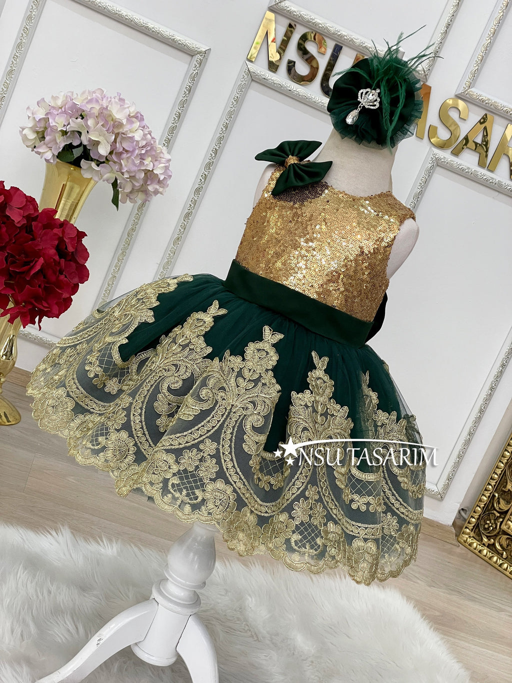 Gold emerald  baby girl dress. Gold lace dress. front full size