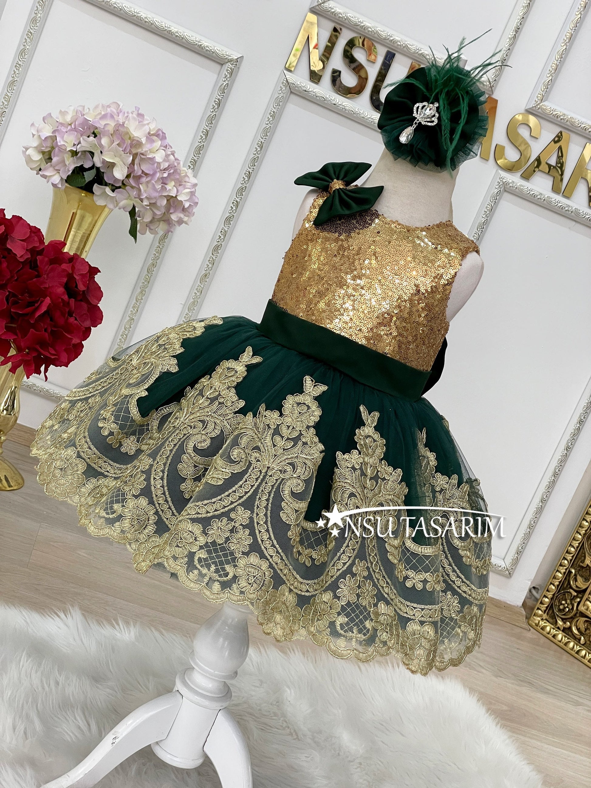 Gold emerald  baby girl dress. Gold lace dress. front full size