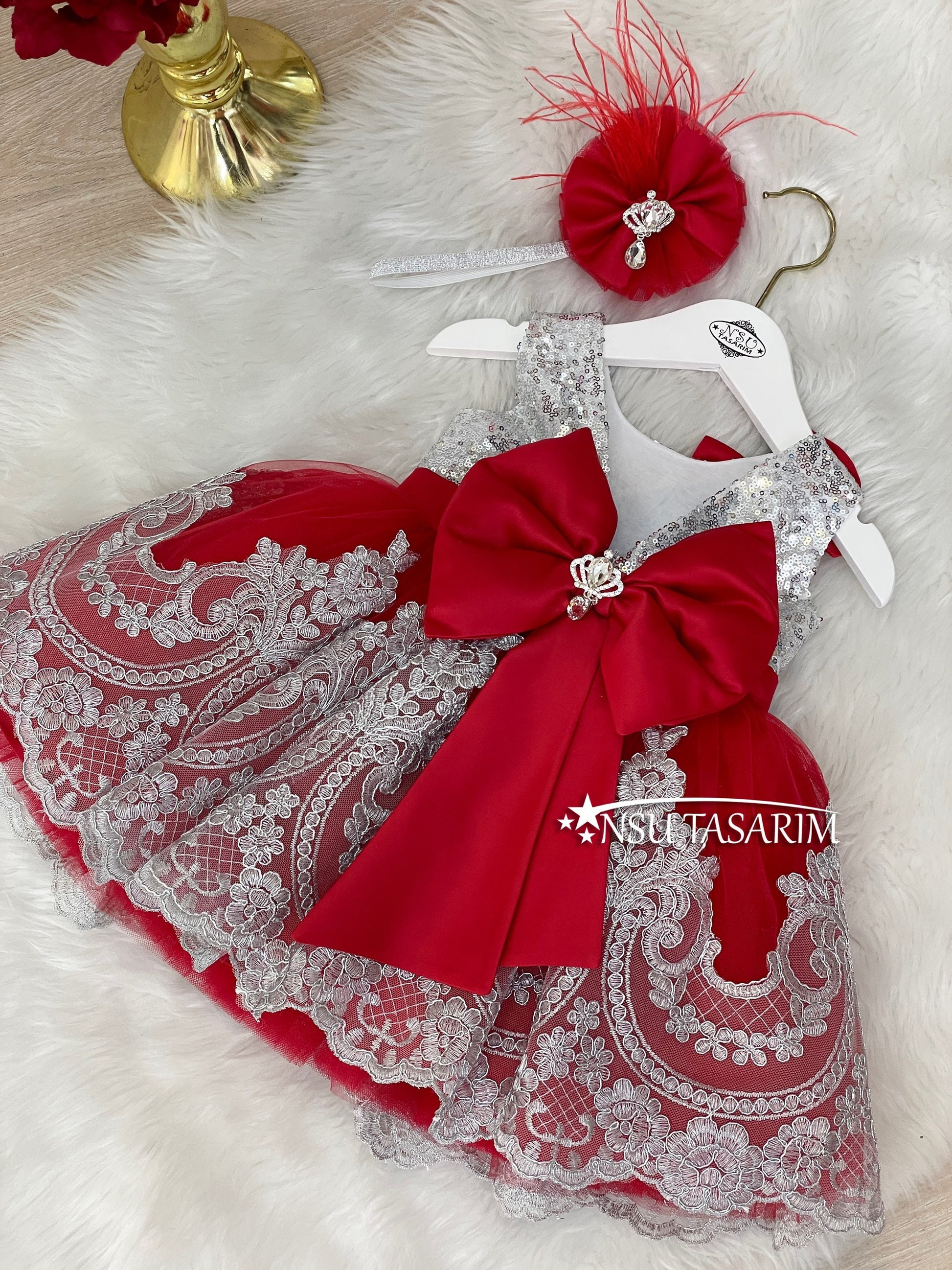 Silver red baby girl dress. Silver lace dress.Sparkle Baby girl dress.