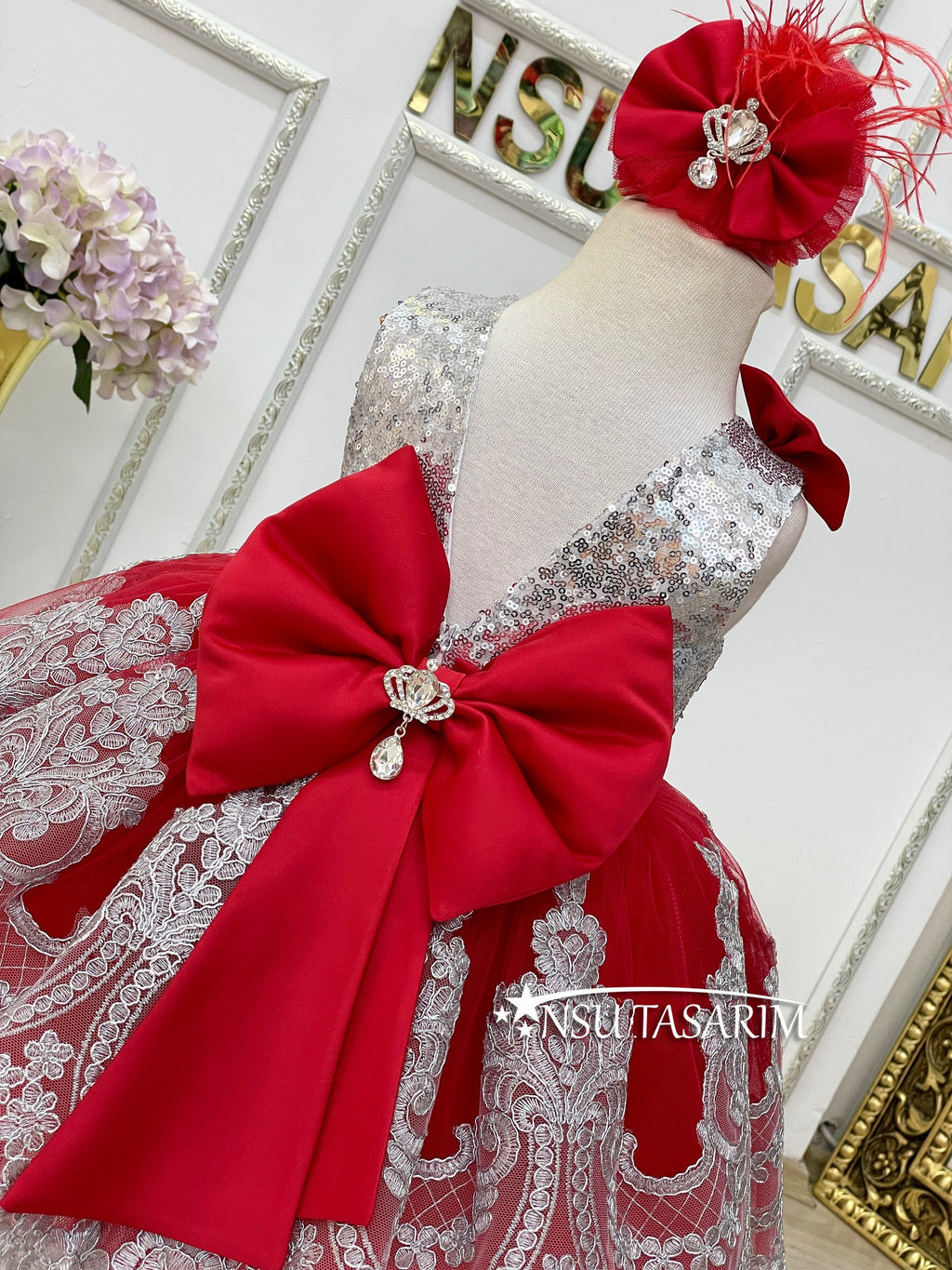 Silver red baby girl dress back bow and zipper