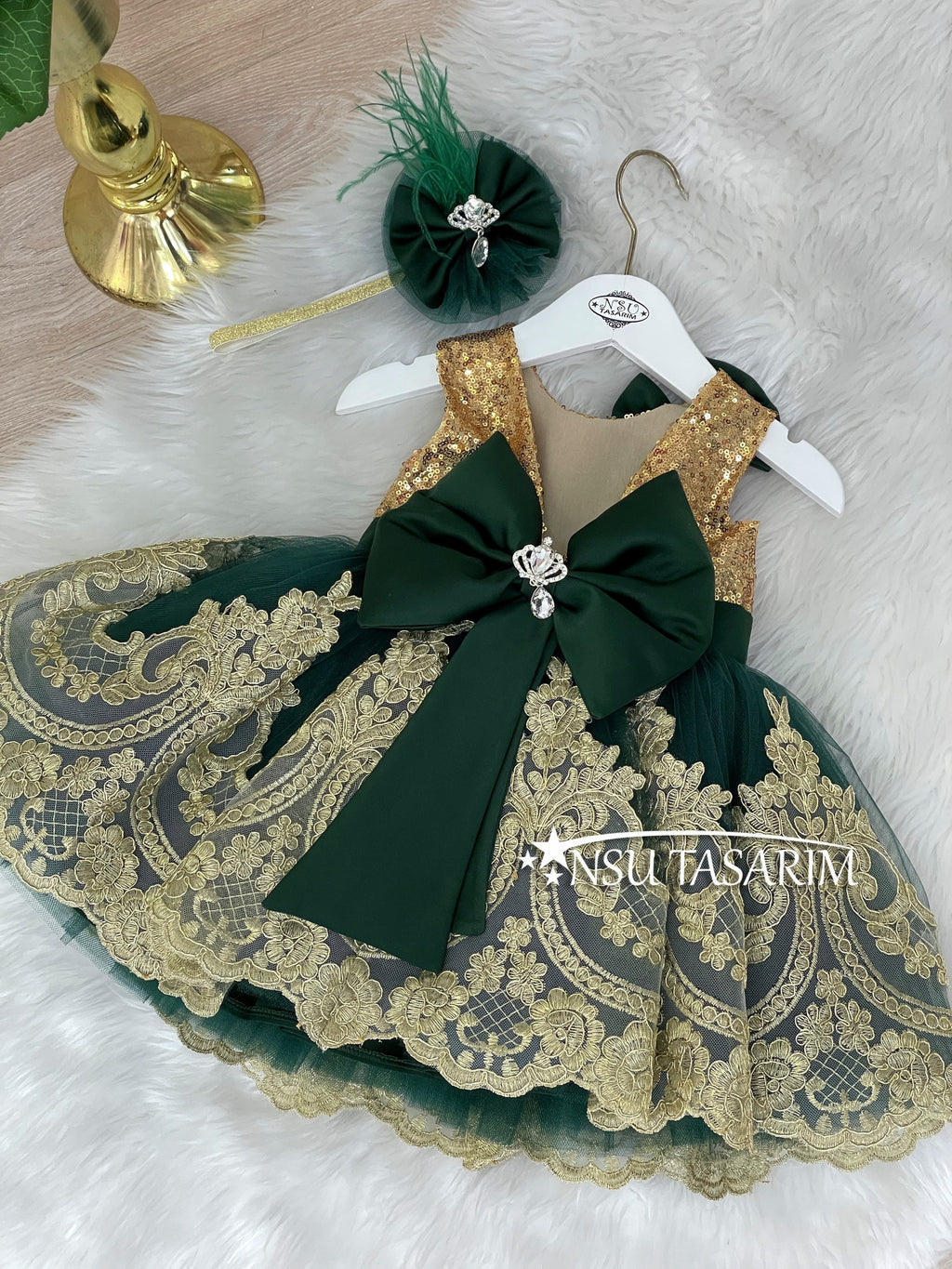 Gold emerald baby girl dress back full size