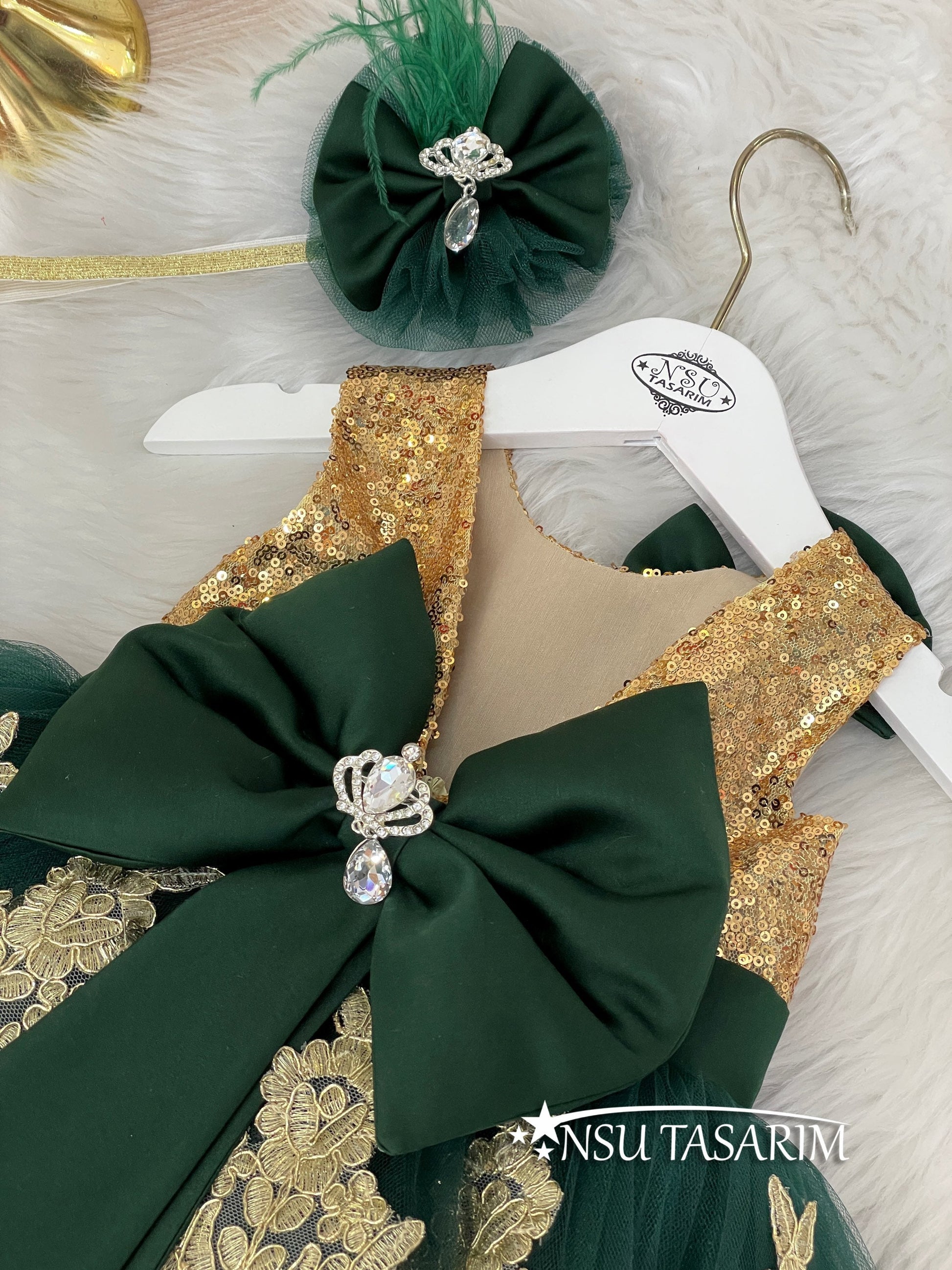 Gold emerald baby girl dress back bow