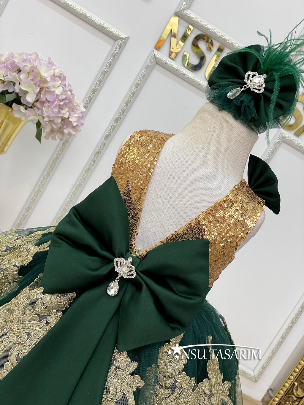 Gold emerald baby girl dress back zipper and bow