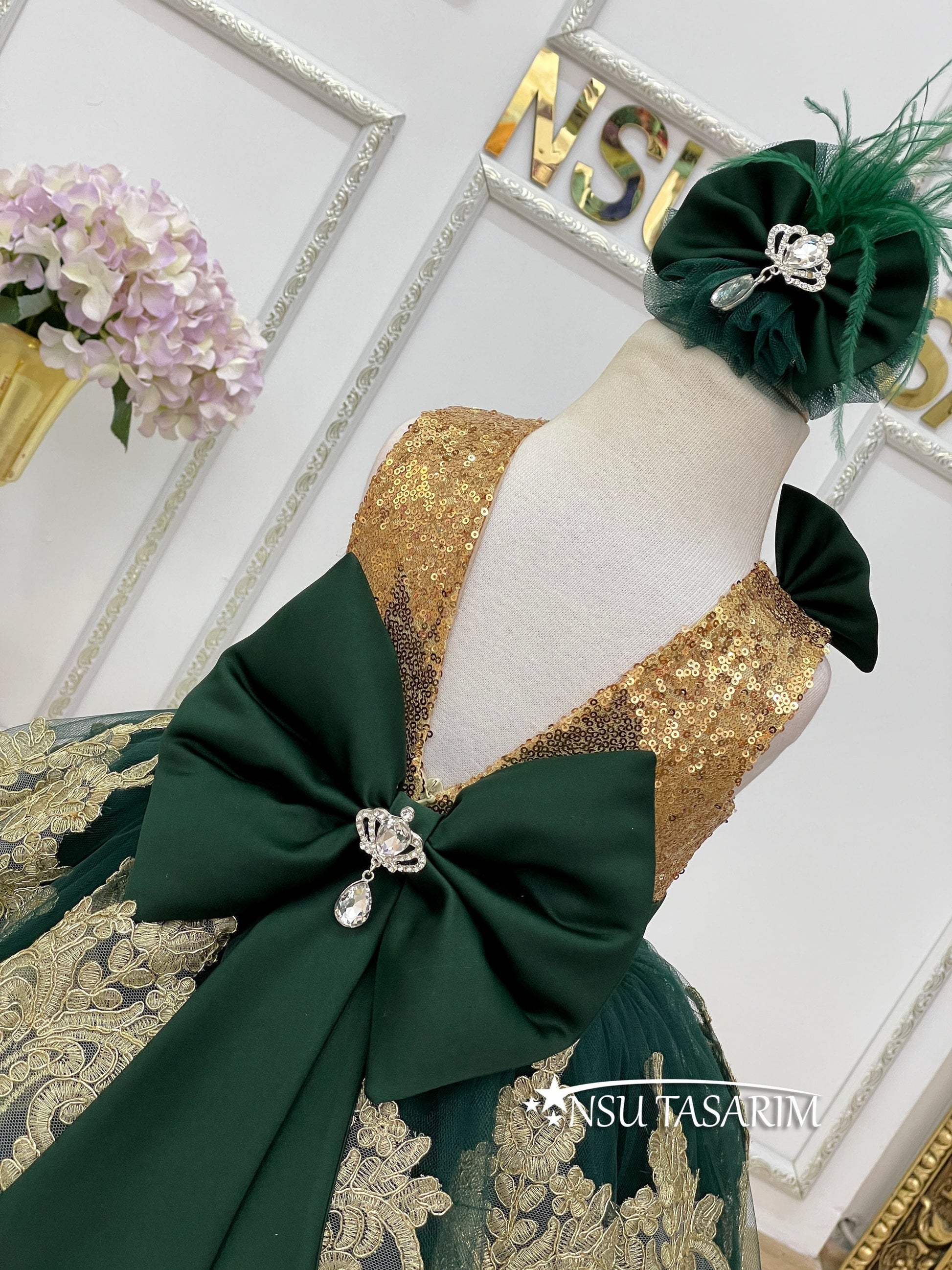 Gold emerald baby girl dress back zipper and bow