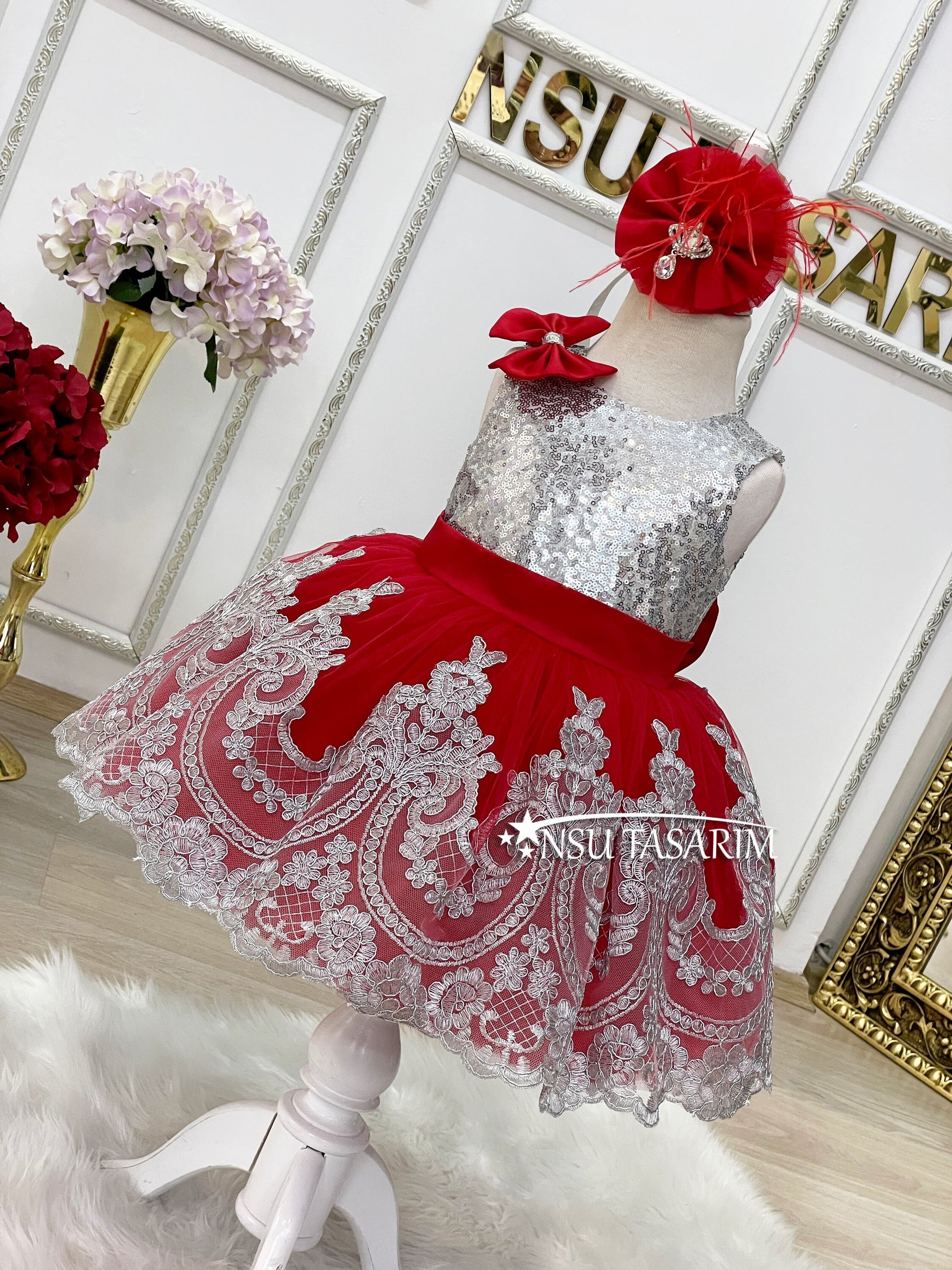 Silver red baby girl dress. Silver lace dress.