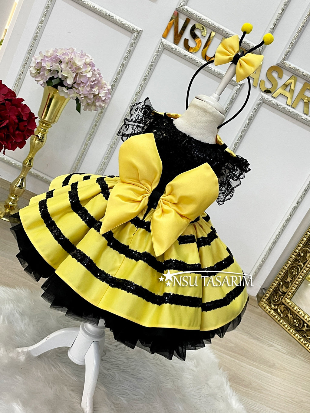 Bee birthday outfit full length bow on back