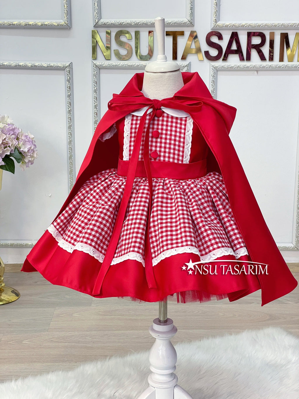 Red Hooded Costume Dress for Girls with Satin Ribbon and Matching Hairband, Handmade and High Quality