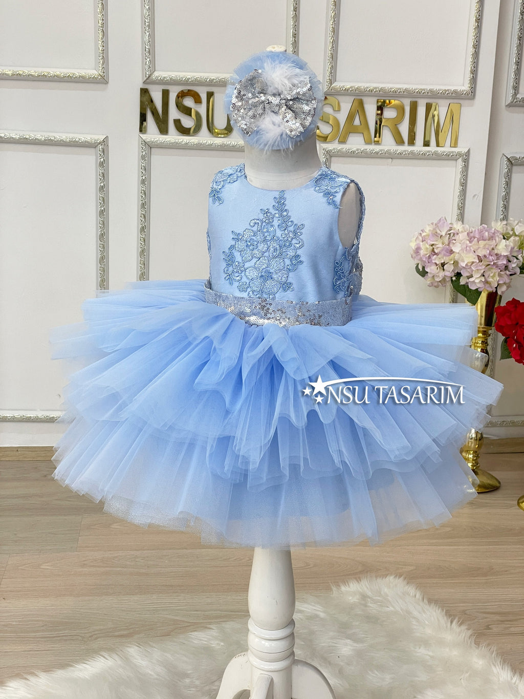 baby girl blue and silver dress