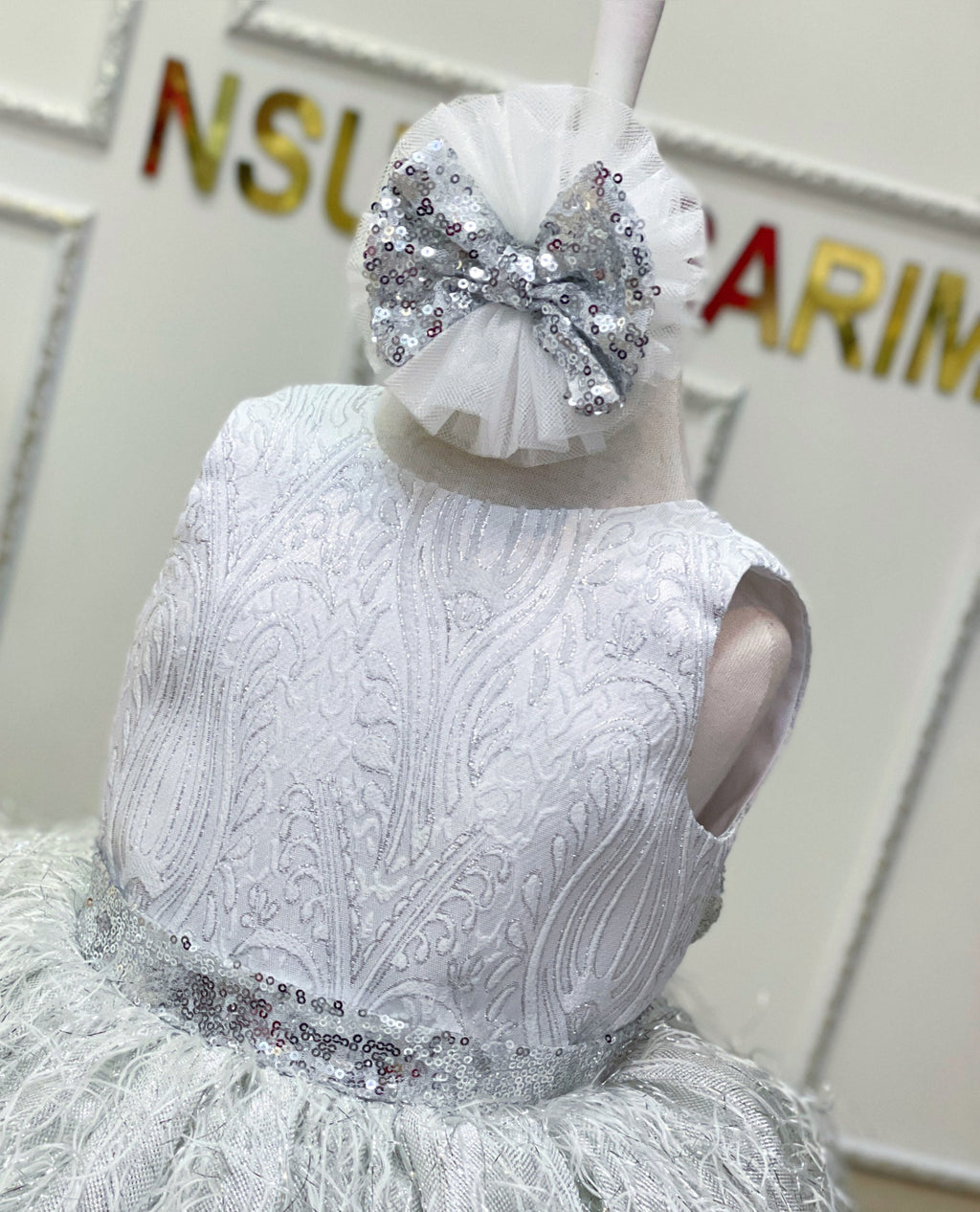 Silver baby girl dress. silver sparkle and feather skirt. Silver brithday dress. Birthday tutu dress. Silver shiny dress. Handmade!