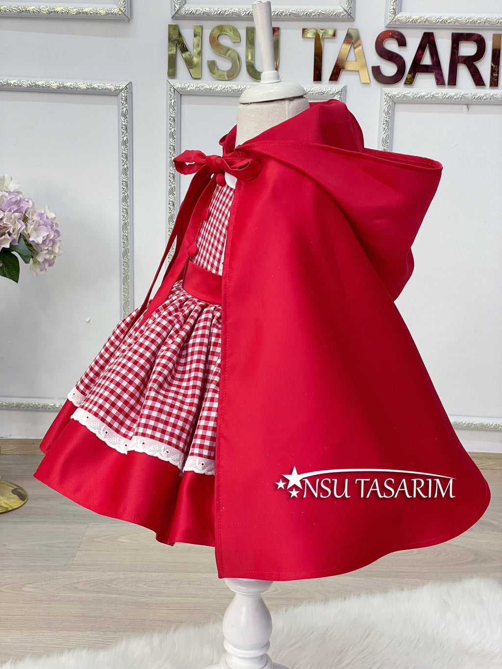 Red Hooded Costume Dress for Girls with Satin Ribbon and Matching Hairband, Handmade and High Quality