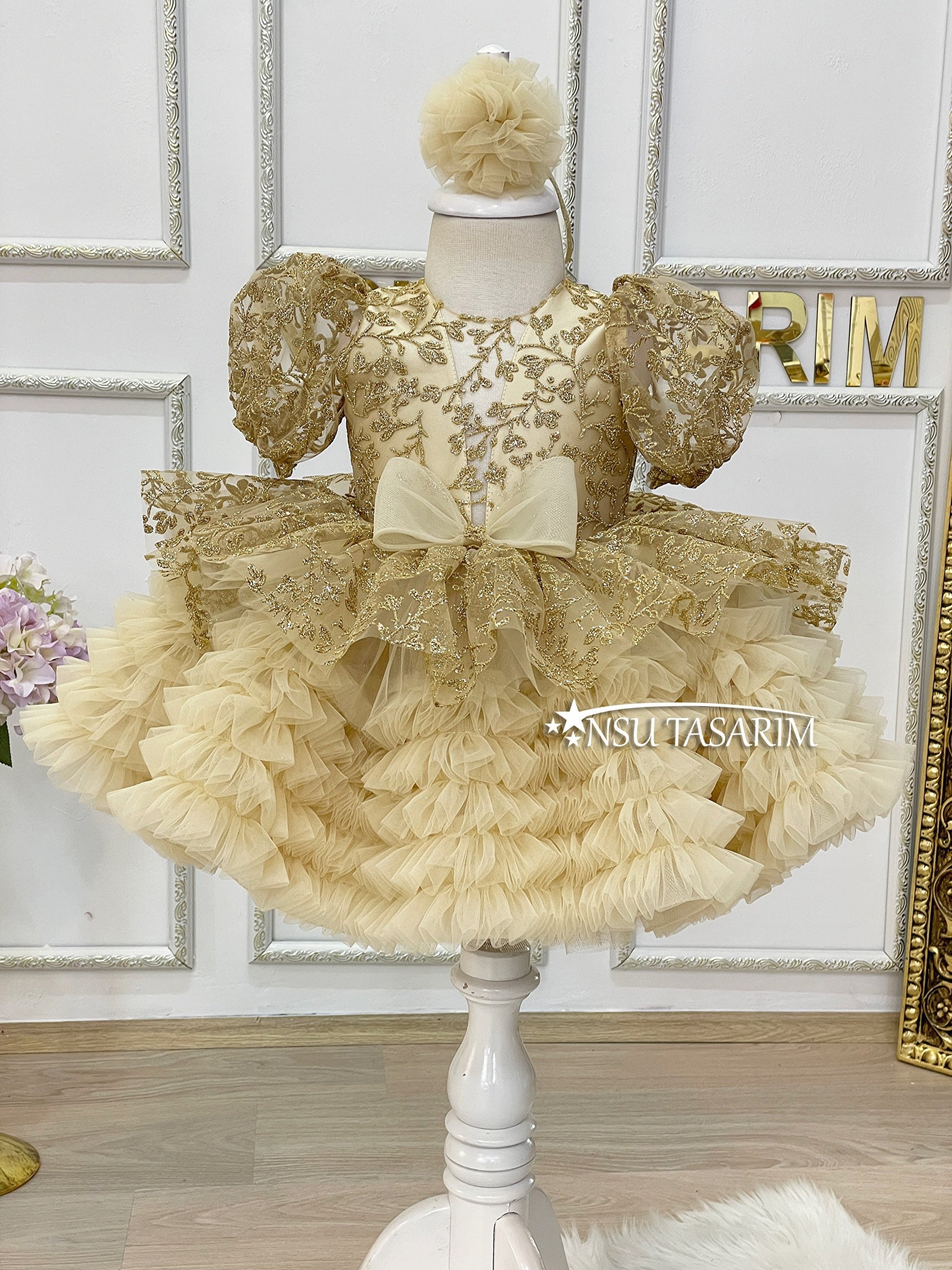 Golden baby girl dress. Gold sparkle dress.
