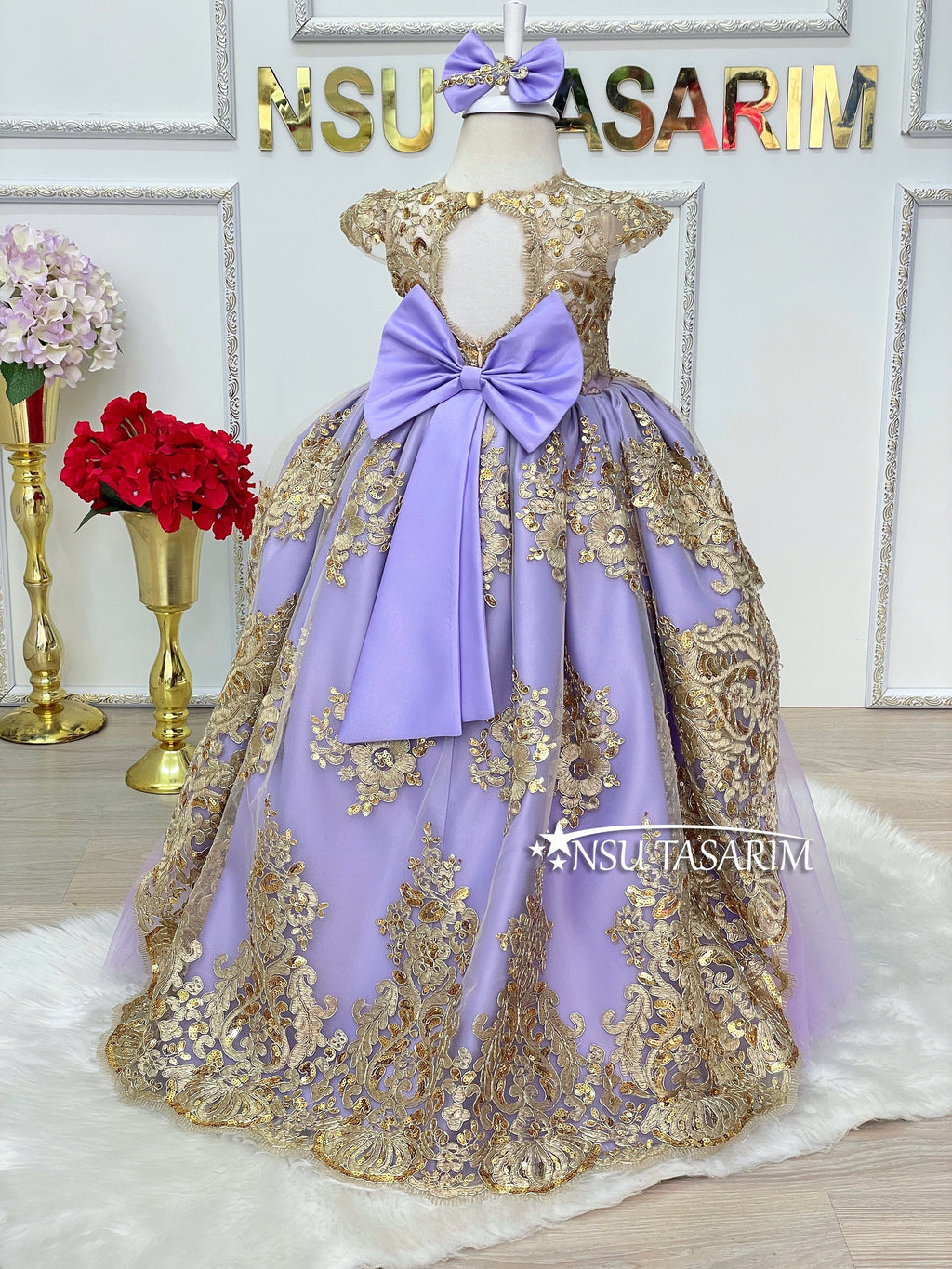 Baby Princess lilac party dress. Lavender and golden dress. Lavender and Sparkle gold lace. For special occasion, high low designs.