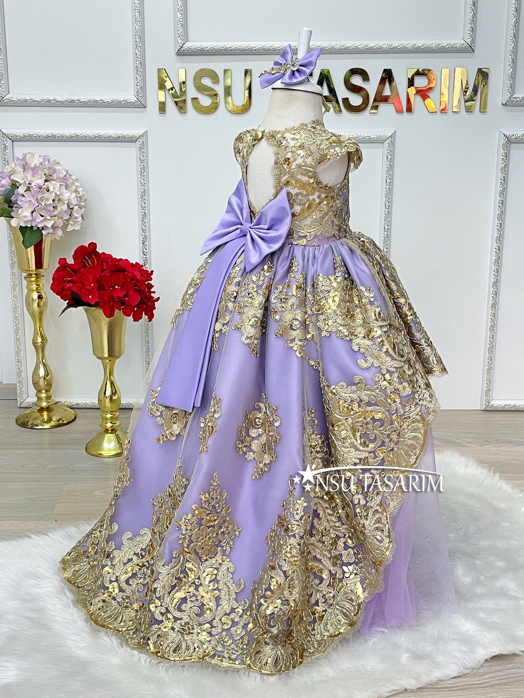 Baby Princess lilac party dress. Lavender and golden dress. Lavender and Sparkle gold lace. For special occasion, high low designs.