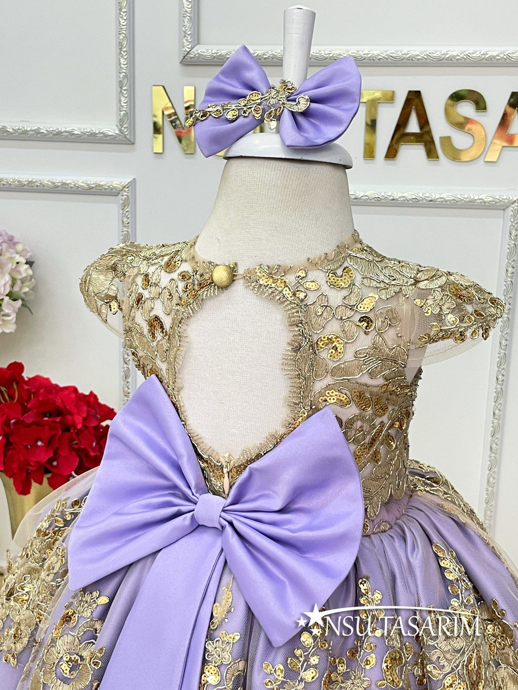 Baby Princess lilac party dress. Lavender and golden dress. Lavender and Sparkle gold lace. For special occasion, high low designs.