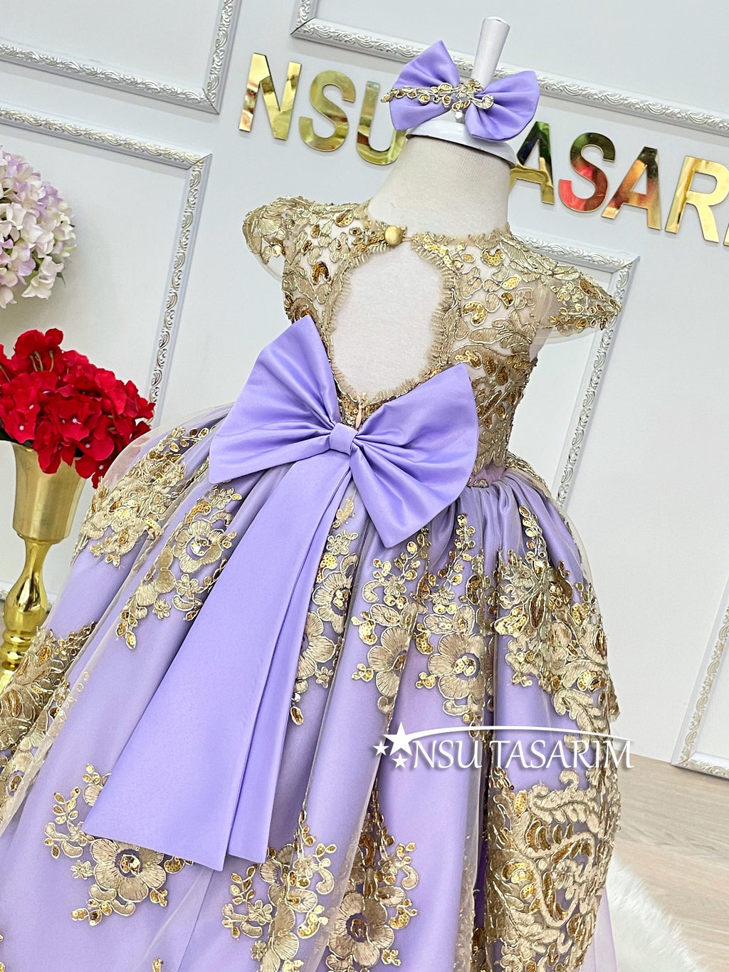 Baby Princess lilac party dress. Lavender and golden dress. Lavender and Sparkle gold lace. For special occasion, high low designs.