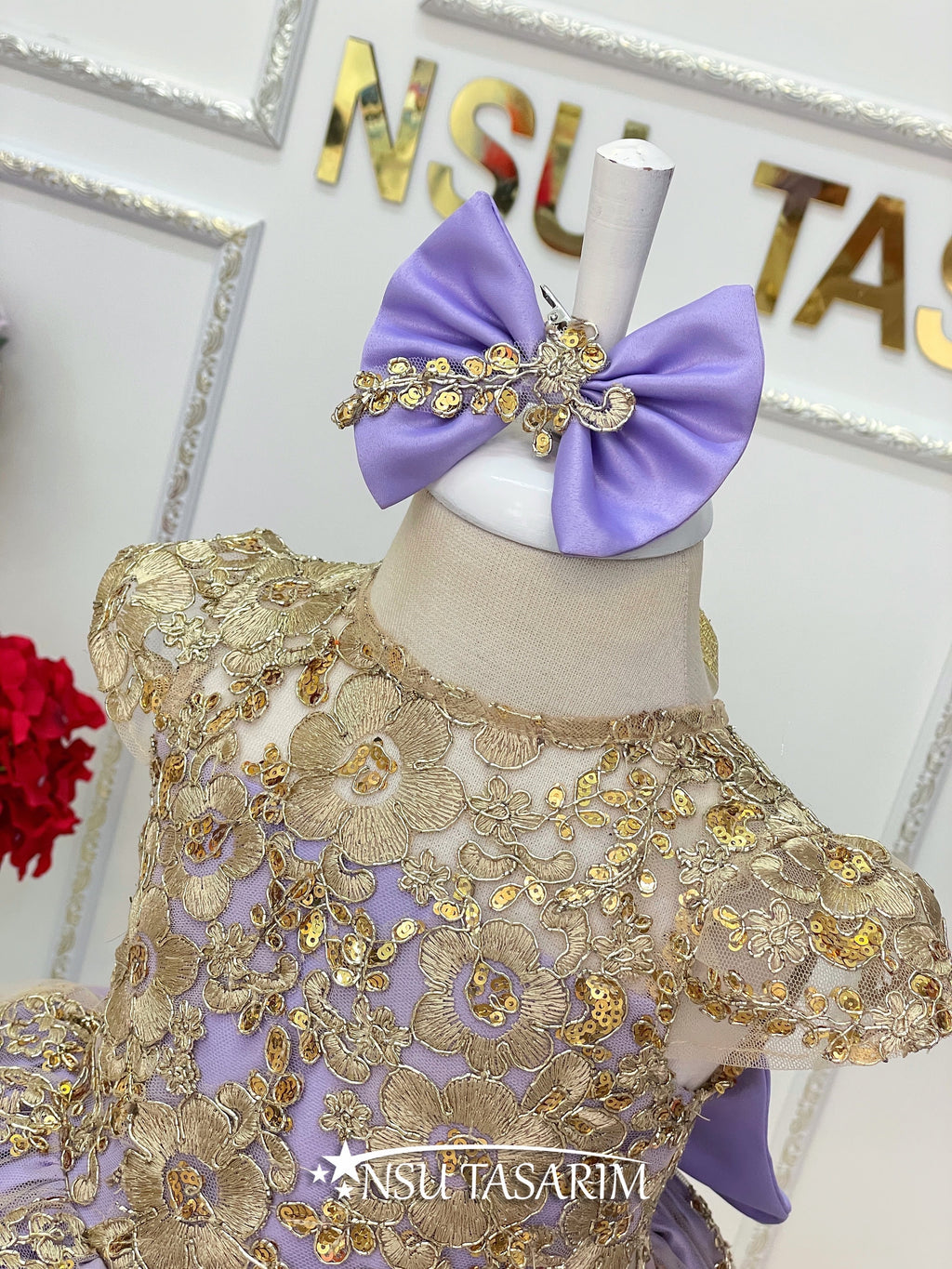 Baby Princess lilac party dress. Lavender and golden dress. Lavender and Sparkle gold lace. For special occasion, high low designs.