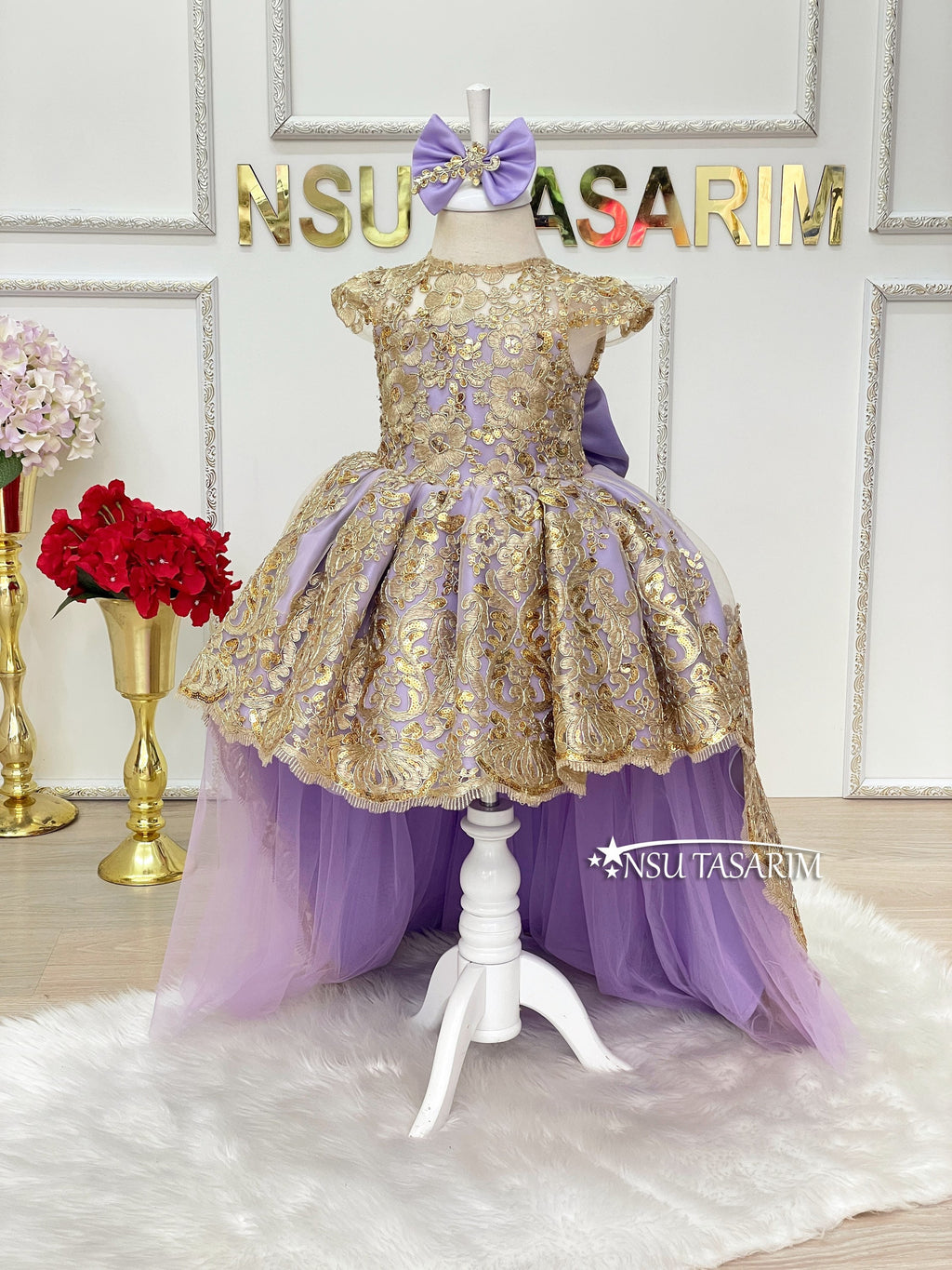 Baby Princess lilac party dress. Lavender and golden dress. Lavender and Sparkle gold lace. For special occasion, high low designs.