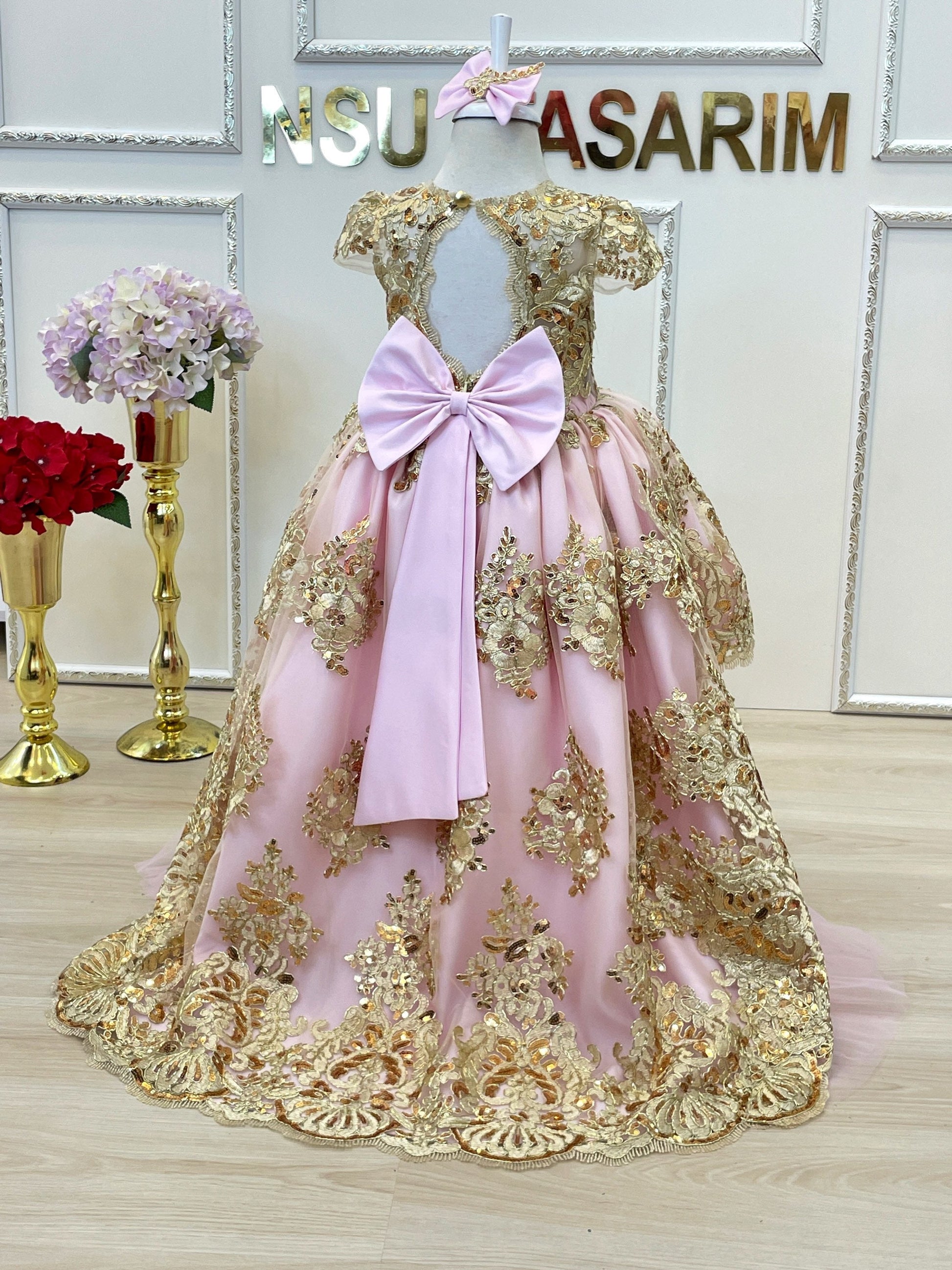Baby girl dress. Pink gold. Sparkle gold lace. For special occasion, h Kids Dressy Baby girl dress. Pink gold. Sparkle gold lace. For special occasion, h Kids Dressy