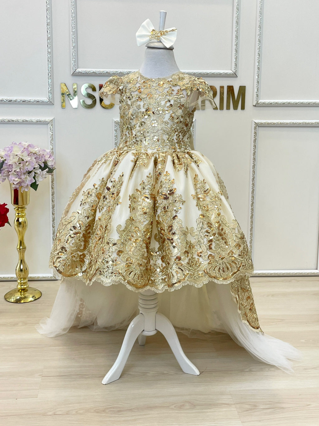 Baby girl dress. White gold. Sparkle gold lace. For special occasion. High low. couture gown.